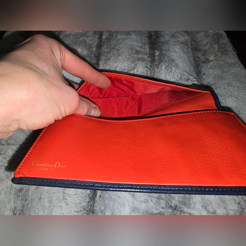 EUC Dior Authentic‎ CD Bifold Navy With Red Leather Long Wallet